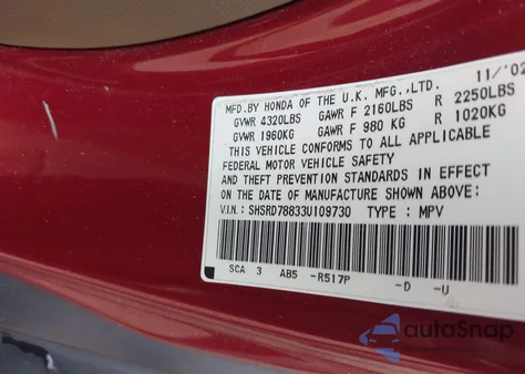 2003 Honda Cr-V Ex z USA, uszkodzony, nr VIN SHSRD78833U109730